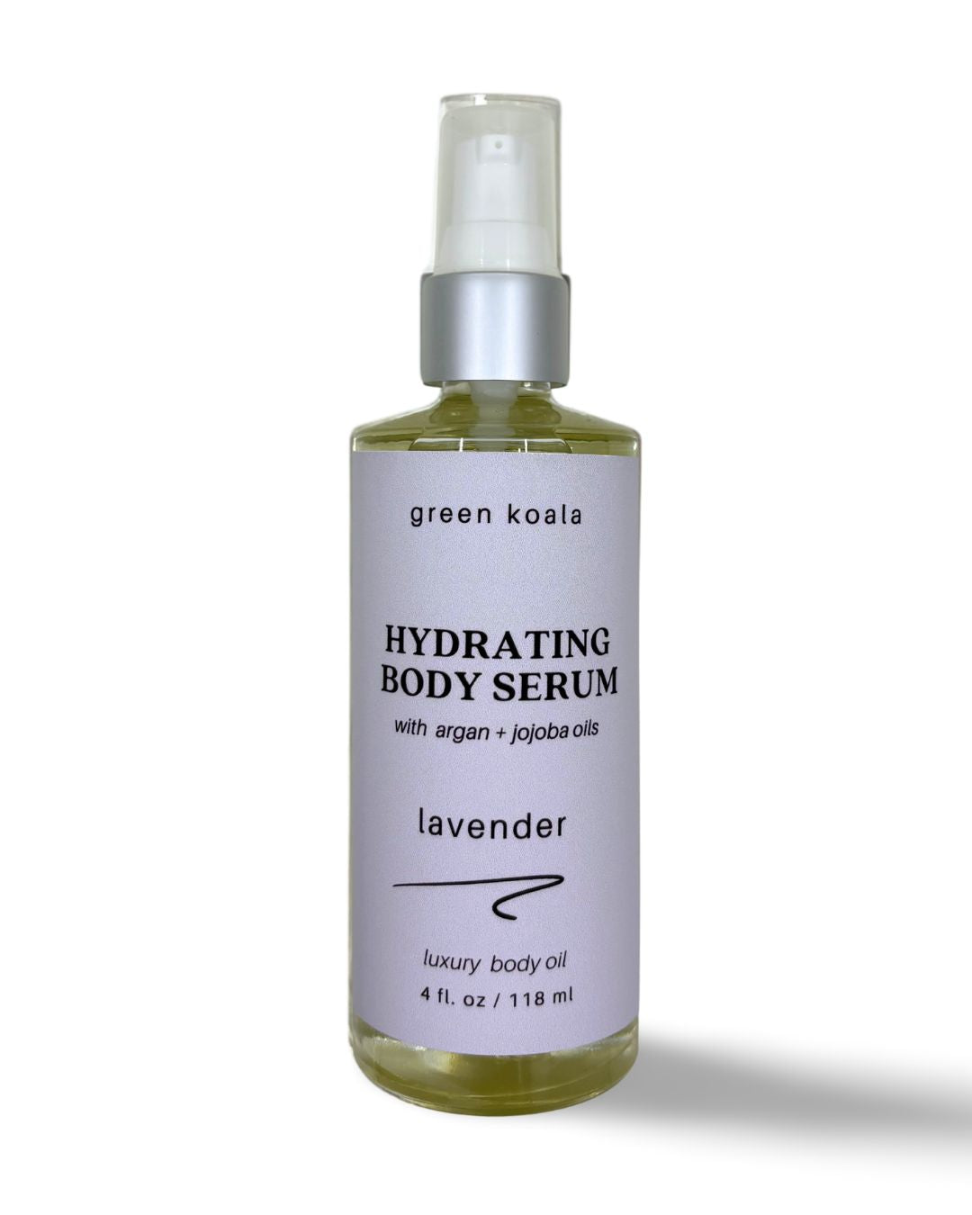 4oz Calming lavender scented body serum in a glass pump bottle. Fast drying and contains organic argon and jojoba oils.