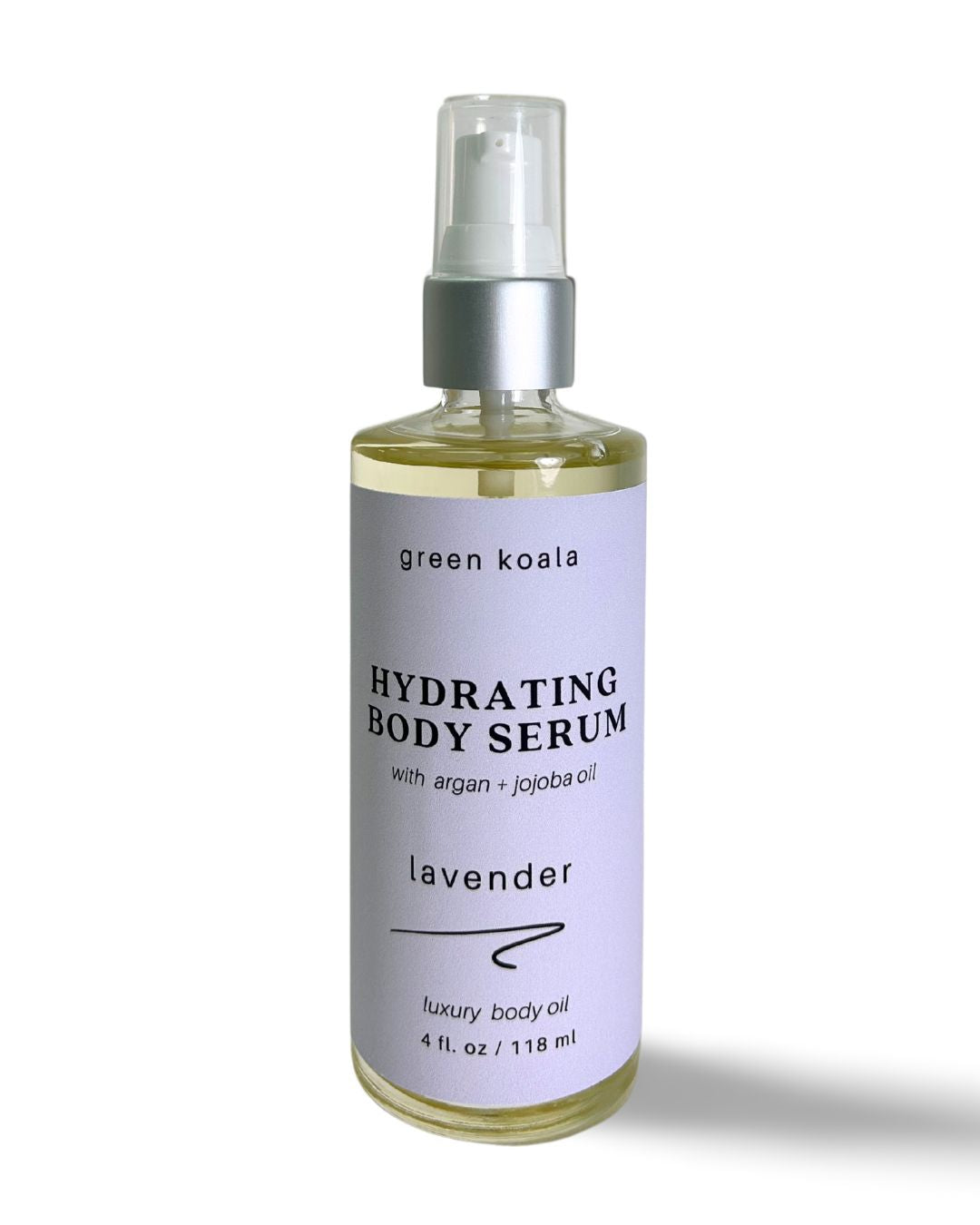 4oz Calming lavender scented body serum in a glass pump bottle. Fast drying and contains organic argon and jojoba oils.