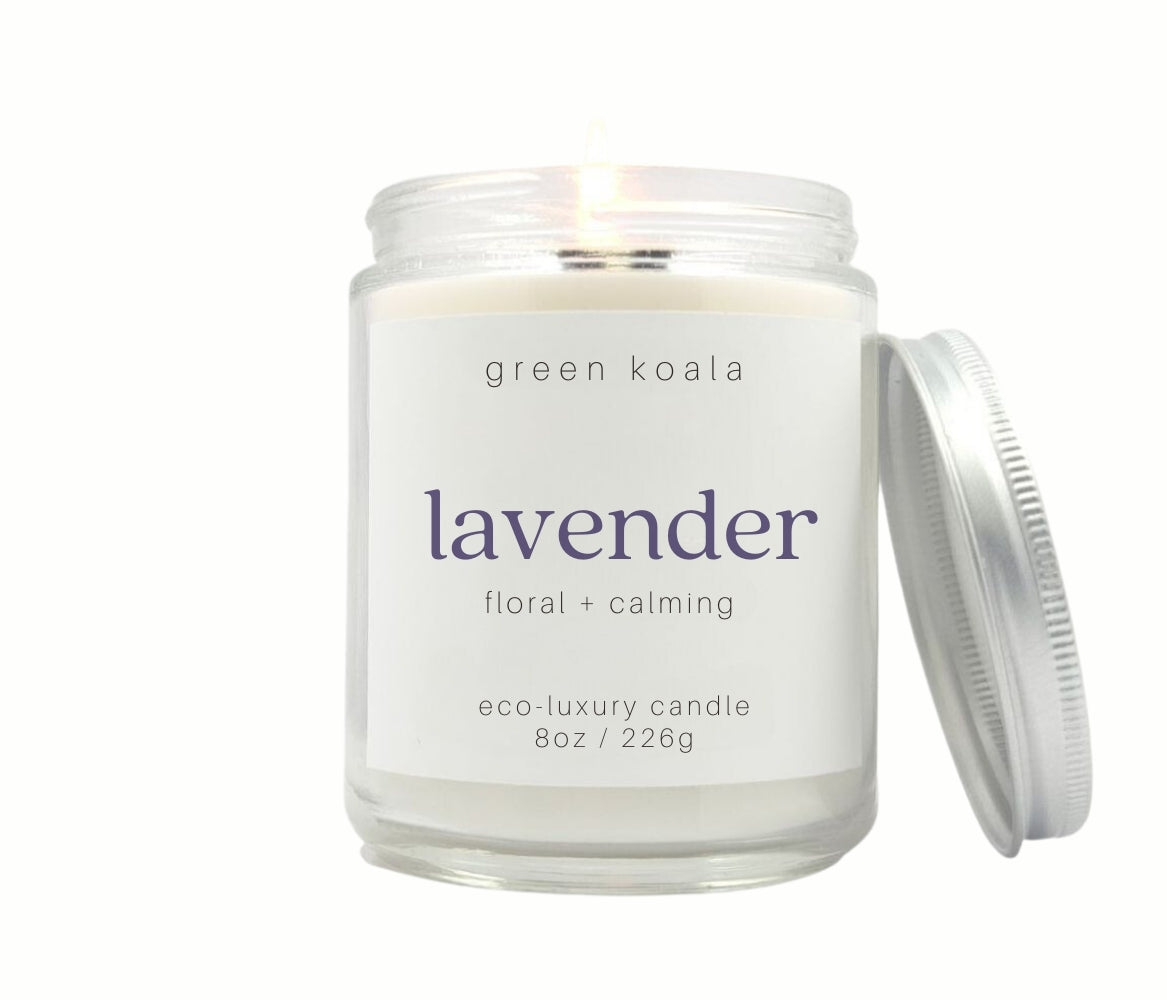 8oz Lavender scented eco-friendly candle with silver lid. Non-toxic and cleaning burning.