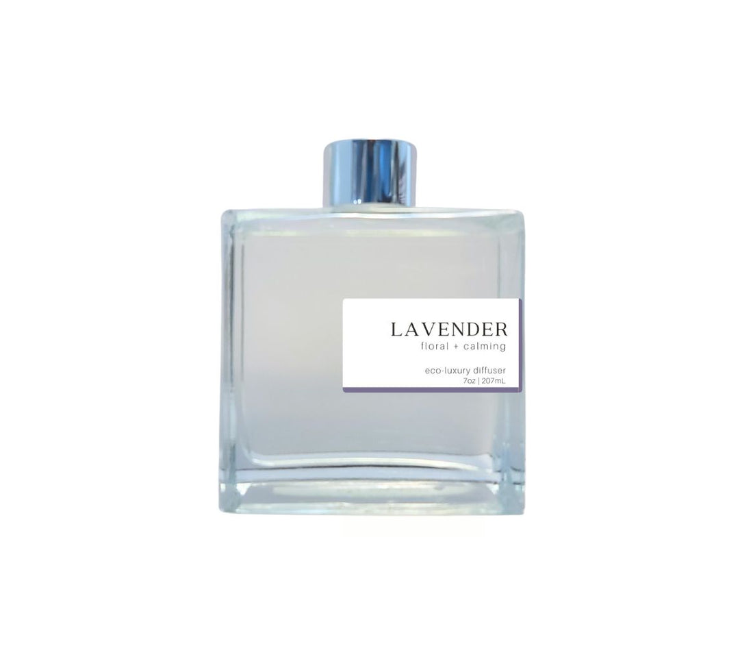 Lavender reed diffuser by Green Koala in a sleek glass bottle with silver cap, creating a peaceful, relaxing aroma in any room.