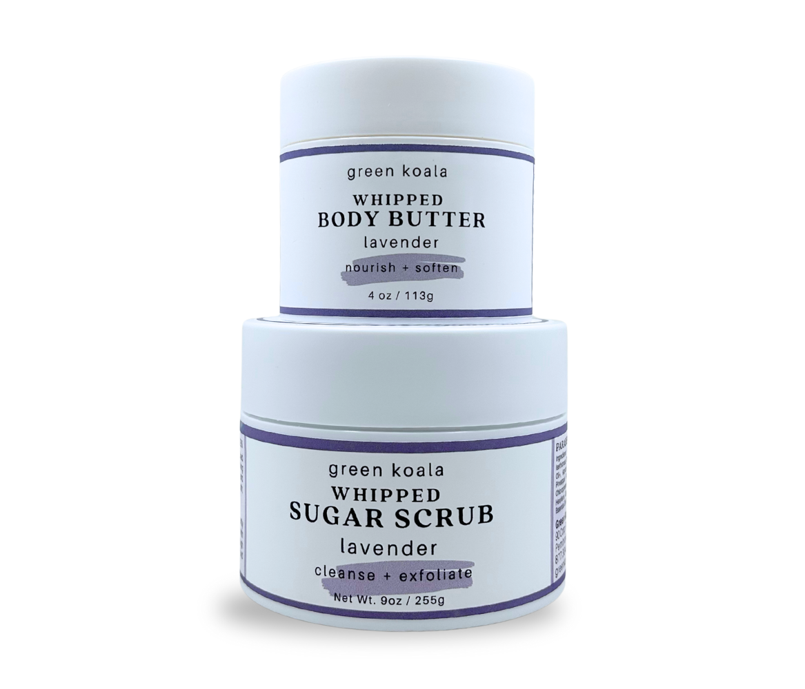 Lavender green koala whipped body butter and sugar scrub on a white background
