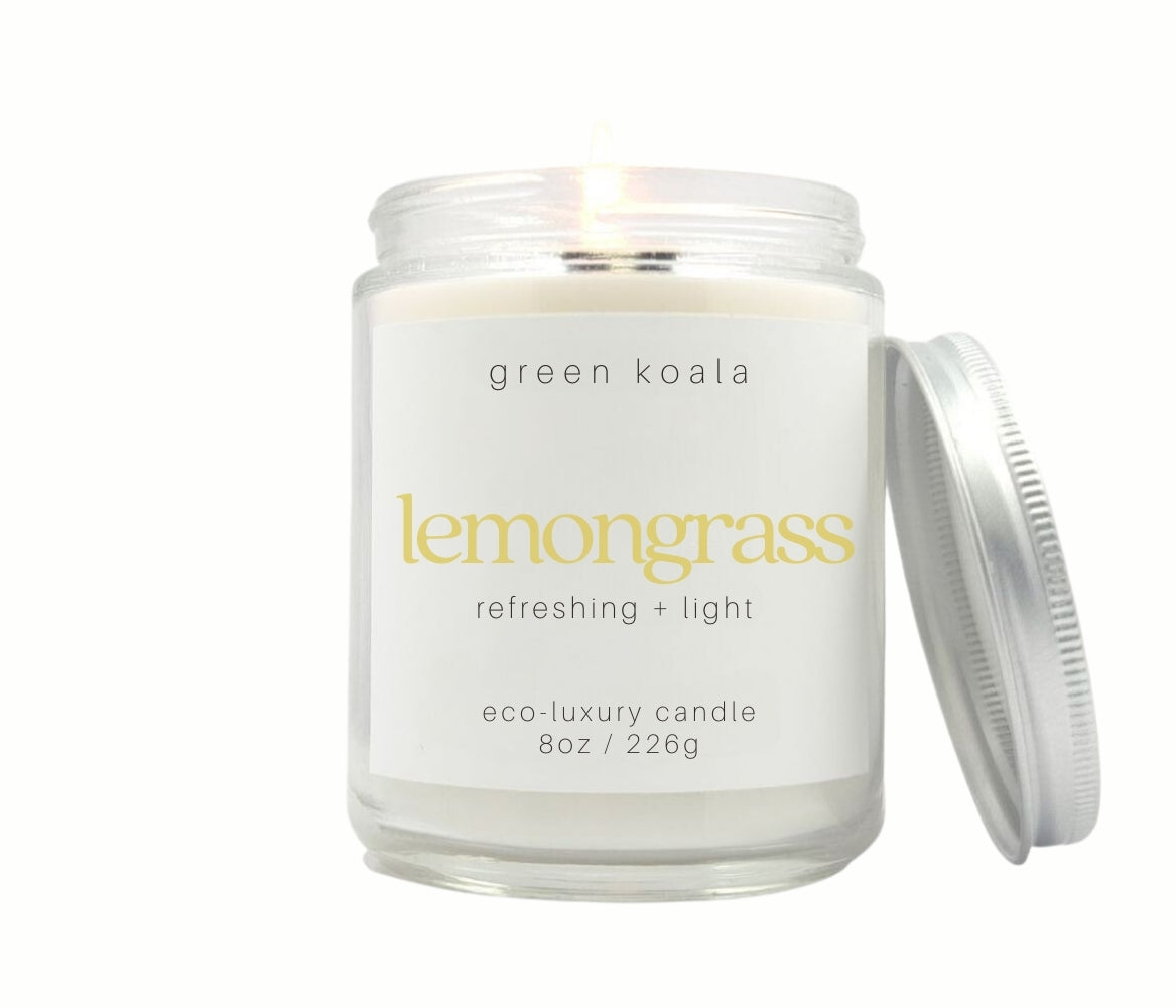8oz Lemongrass scented eco-friendly candle with silver lid. Non-toxic and cleaning burning.