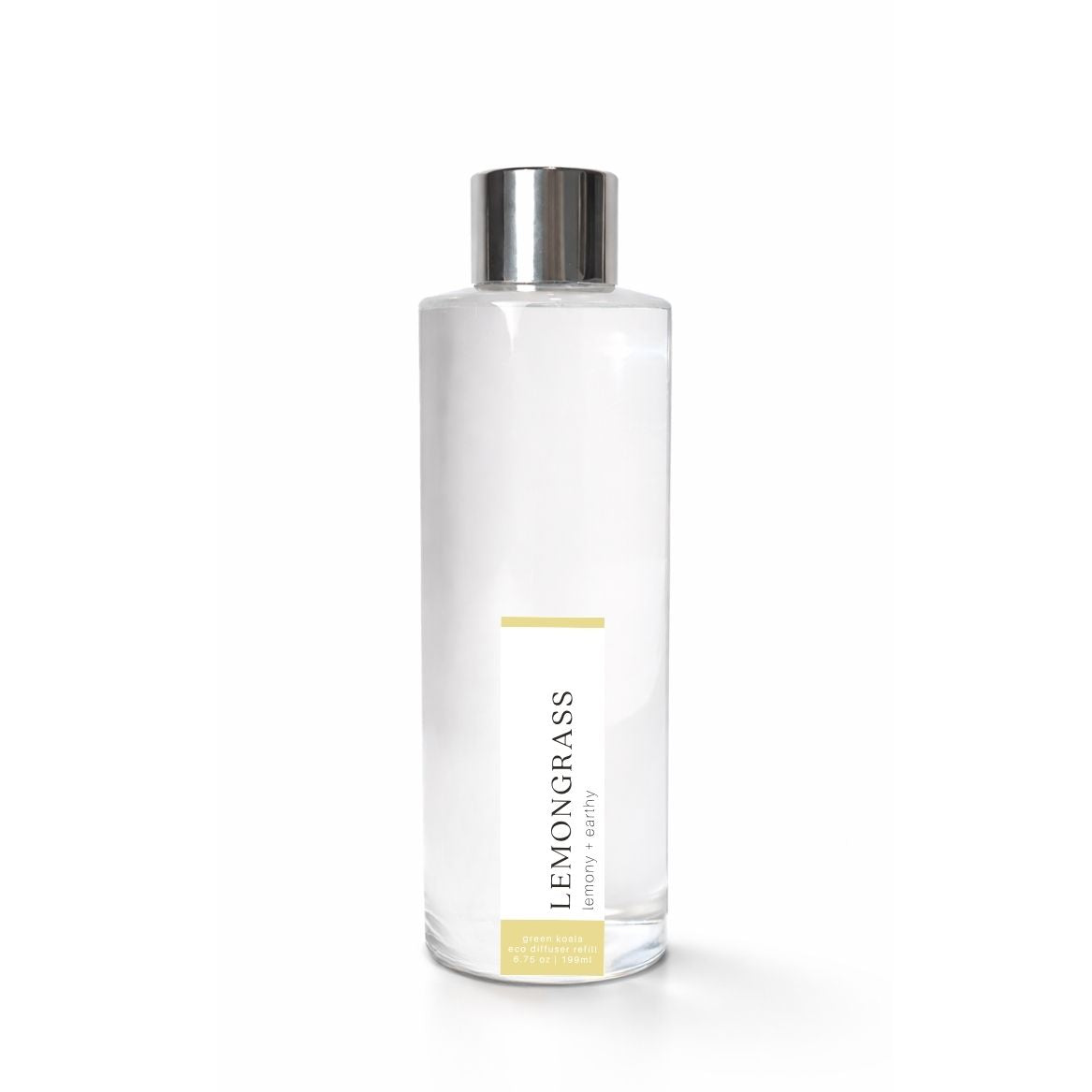 Clear bottle with silver cap labeled Lemongrass on a white background