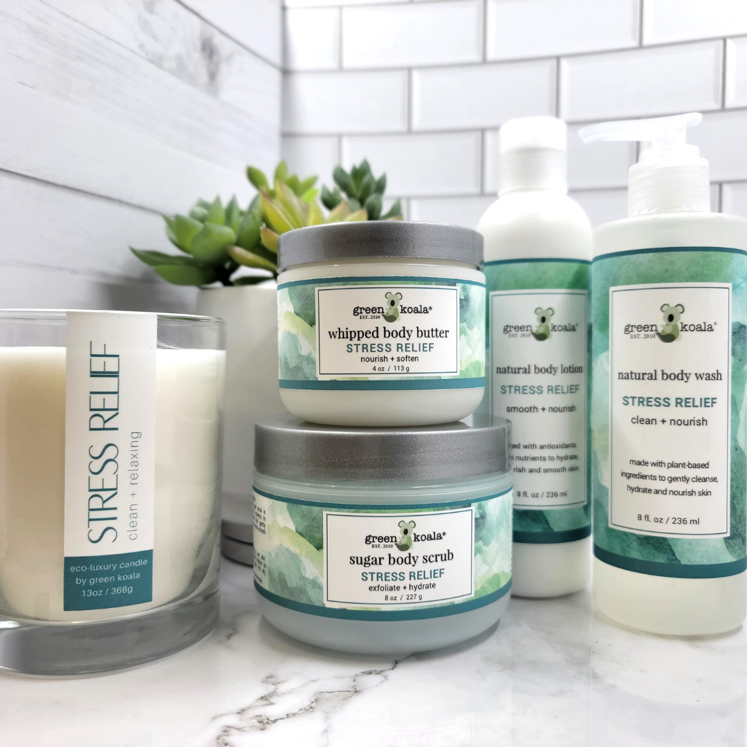 Variety of Green Koala's Stress Relief organic and non-toxic products