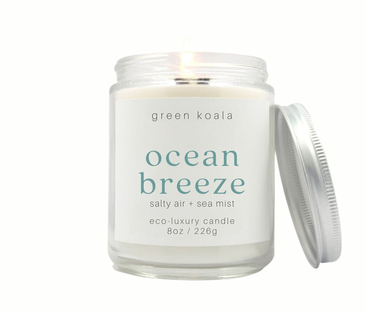 8oz Ocean Breeze scented eco-friendly candle. Non-toxic and cleaning burning.