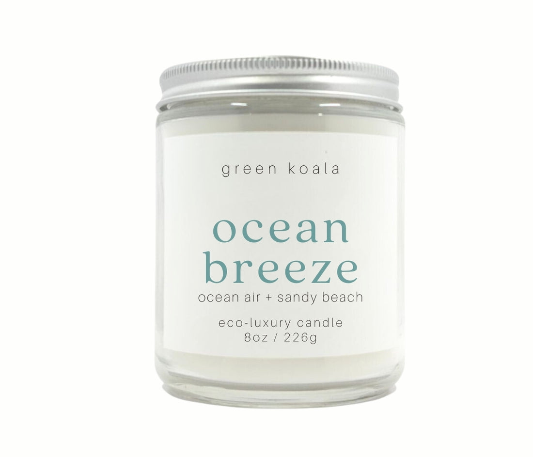 8oz Ocean Breeze scented eco-friendly candle with silver lid. Non-toxic and cleaning burning.
