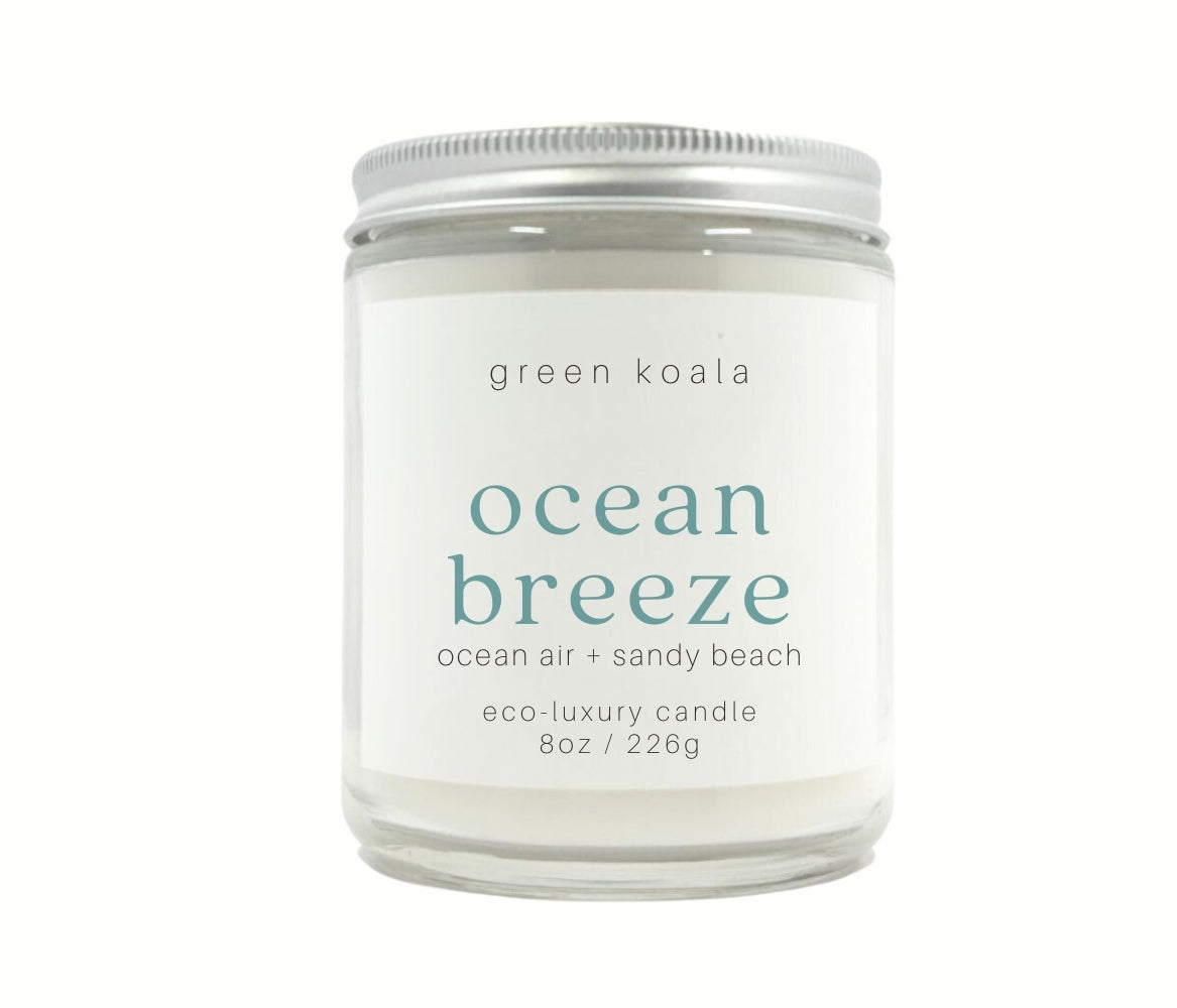 8oz Ocean Breeze scented eco-friendly candle with silver lid. Non-toxic and cleaning burning.