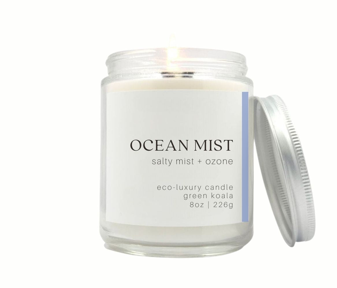 8oz Green Koala Organic Ocean Mist Eco-Luxury Candle Glass Jar With Silver Lid. Non-toxic and clean burning.
