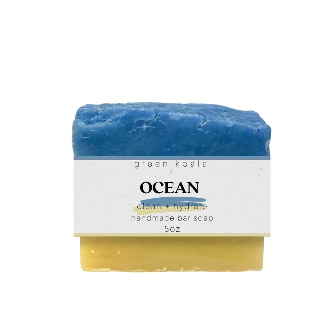 5oz Green Koala ocean scented organic soap bar colored with mica powder.