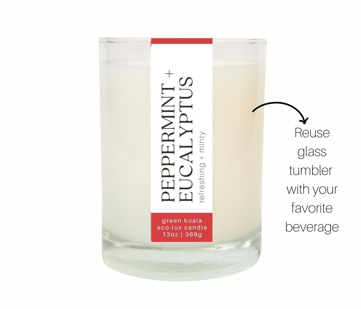 13oz Green Koala peppermint and eucalyptus drinking glass candle.