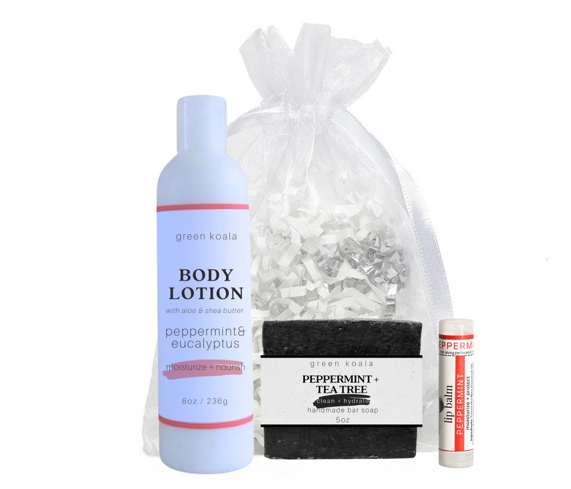 Green Koala Organic Peppermint & Eucalyptus Essentials Gift Set with bar soap, lotion and lip balm