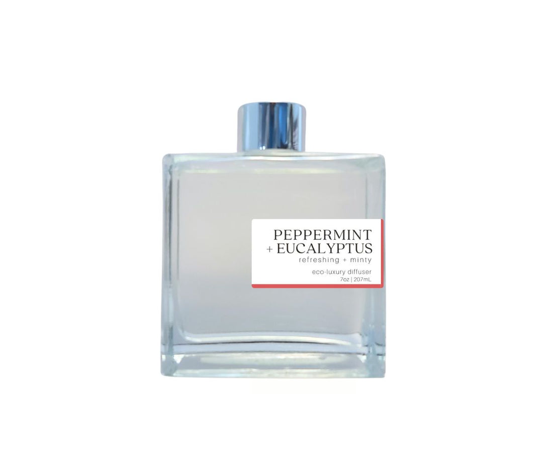 Eco-friendly Peppermint Eucalyptus reed diffuser with silver cap, filling your space with a rejuvenating, crisp aroma perfect for relaxation.