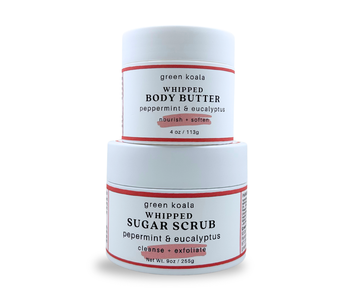 Gift Set of Green Koala peppermint & eucalyptus whipped body butter and sugar scrub on a white background