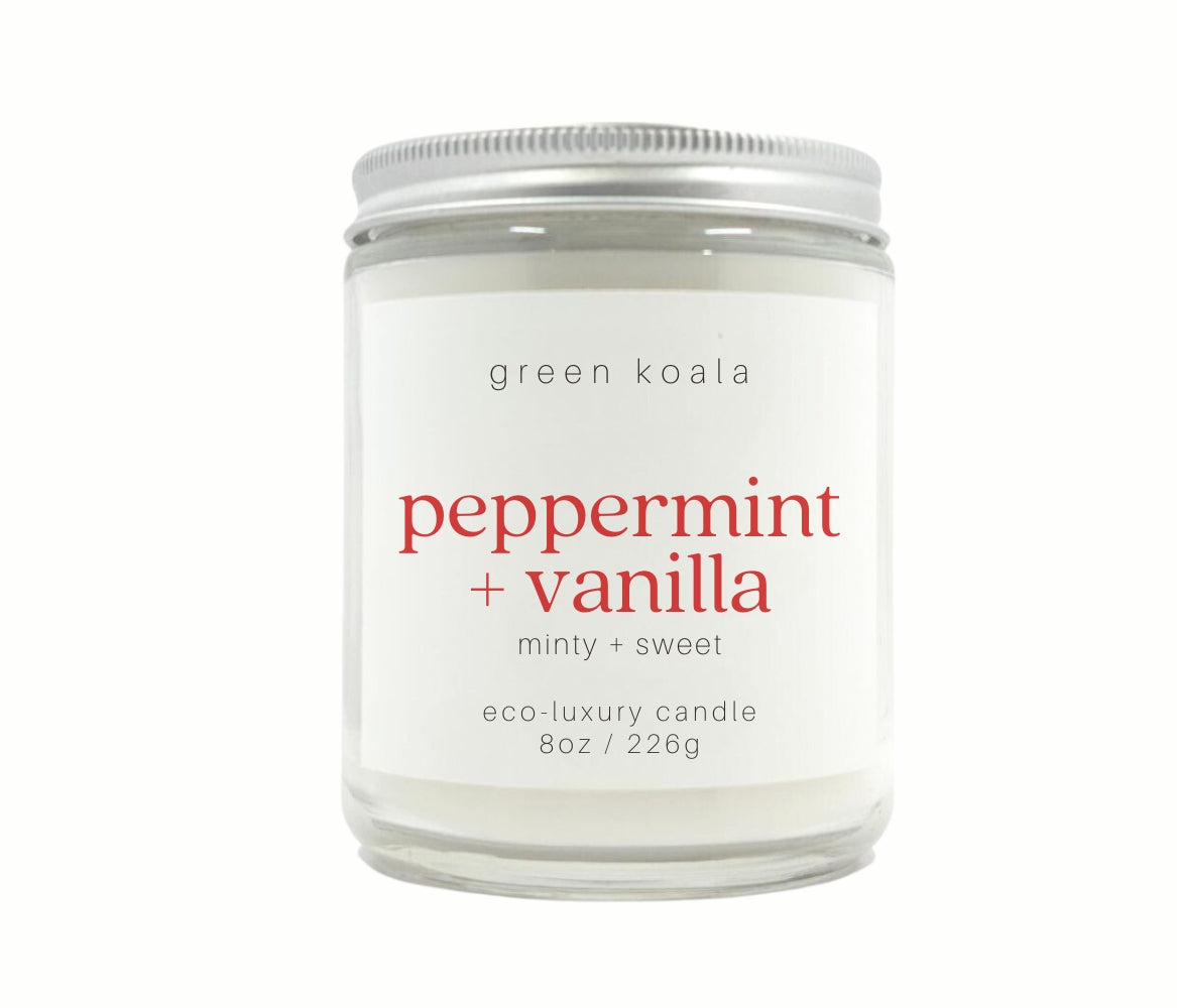8oz Peppermint Vanilla Eco-friendly Candle Glass Jar. Clean burning non-toxic. Hand poured in the USA.