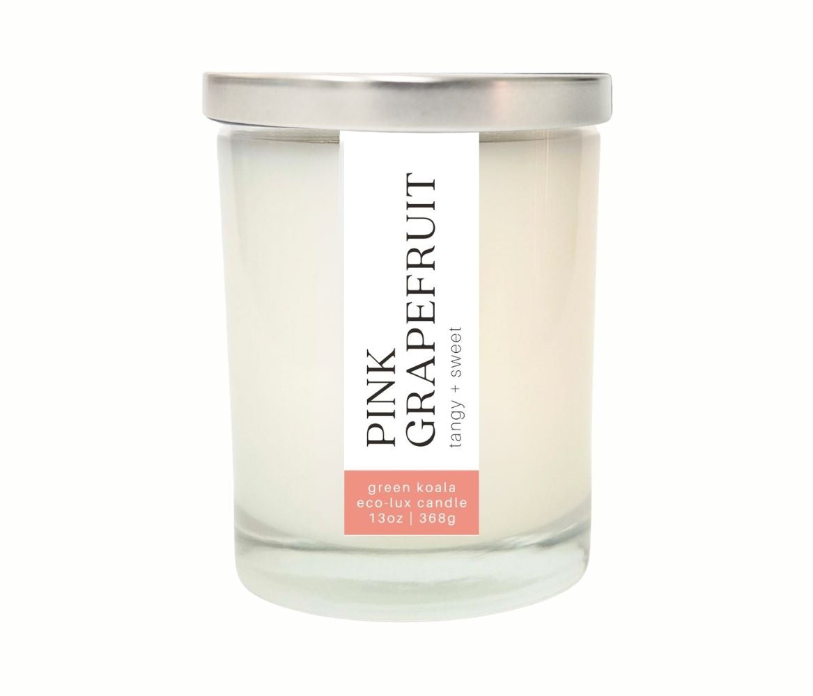 13oz Green Koala Organic Pink Grapefruit Zero Waste Eco-Luxury Candle Glass Tumbler With Lid