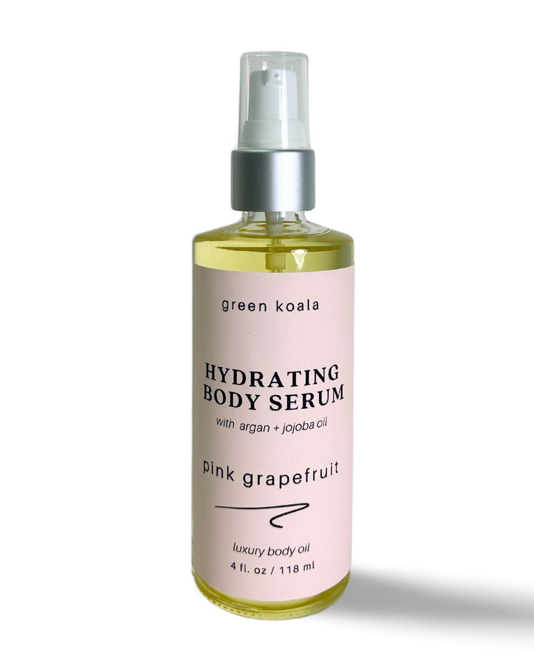4oz Pink Grapefruit scented body serum in a glass pump bottle. Fast drying and contains organic argon and jojoba oils.