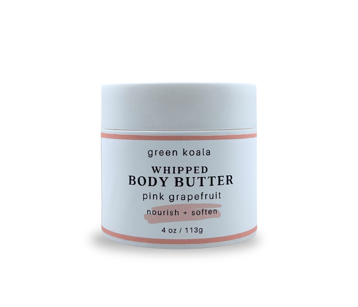 4oz jar of green koala pink grapefruit whipped body butter with pink grapefruit scent on a white background