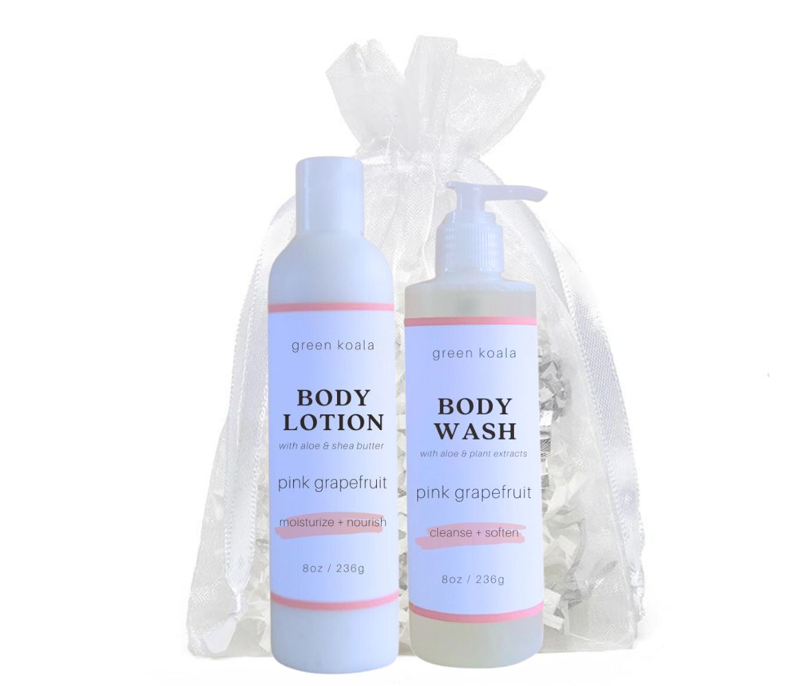 Green Koala Organic Pink Grapefruit Natural Body Lotion and Body Wash in an Organza bag.