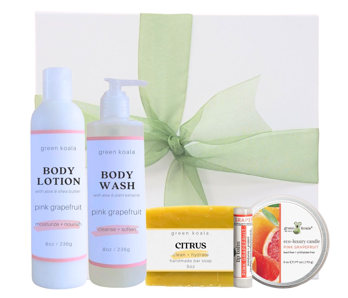 Organic Gift Box Set with 6oz tin candle, peppermint & tee tree bar soap, peppermint lip balm, Peppermint & Eucalyptus body wash, and peppermint & Eucalyptus body lotion