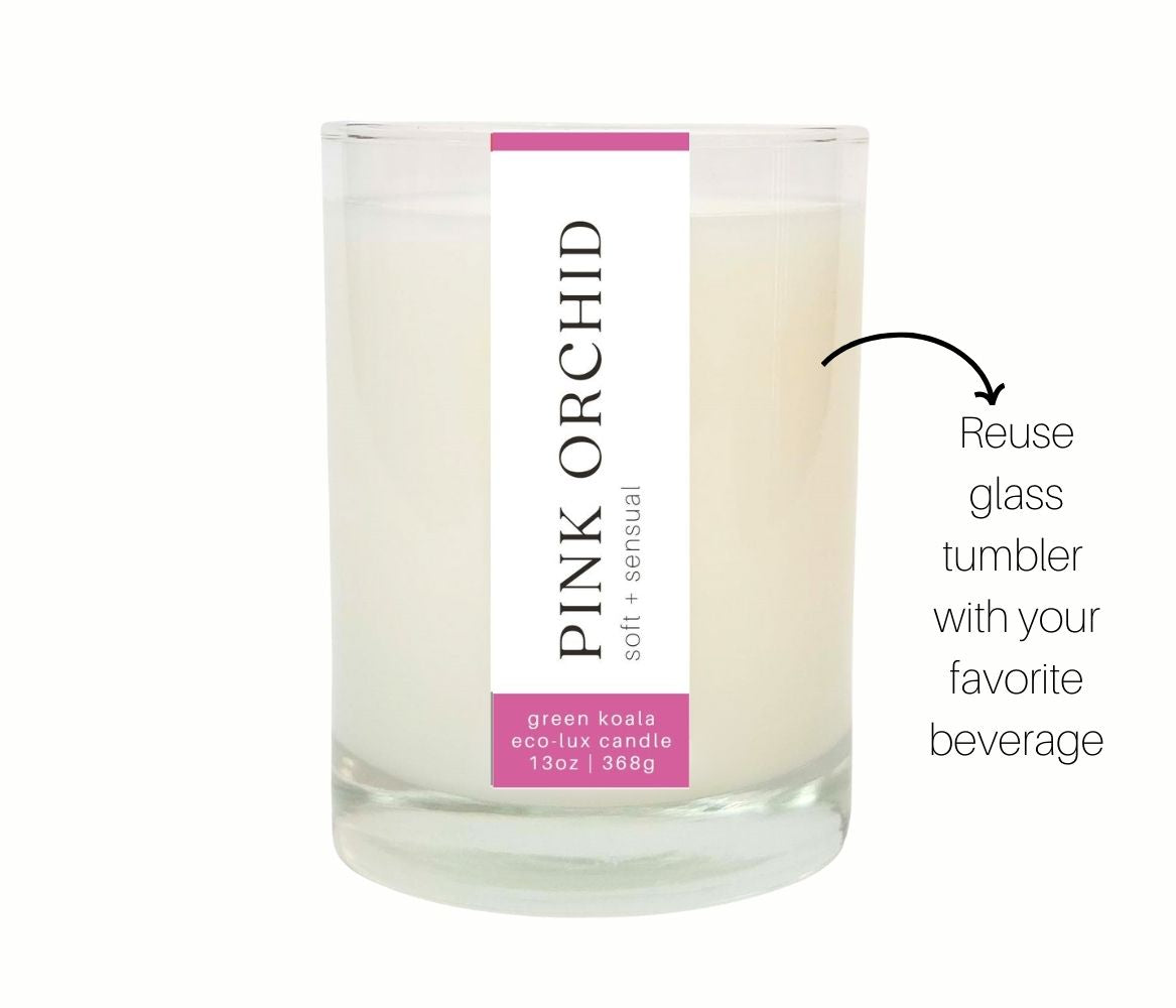 13oz Green Koala Organic Pink Orchid Zero Waste Eco-Luxury Drinking Glass Candle