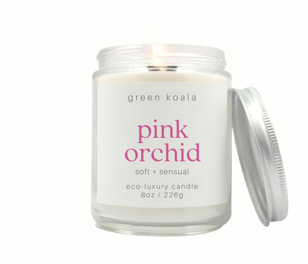8oz Pink Orchid scented eco-friendly candle with silver lid. Non-toxic and cleaning burning.