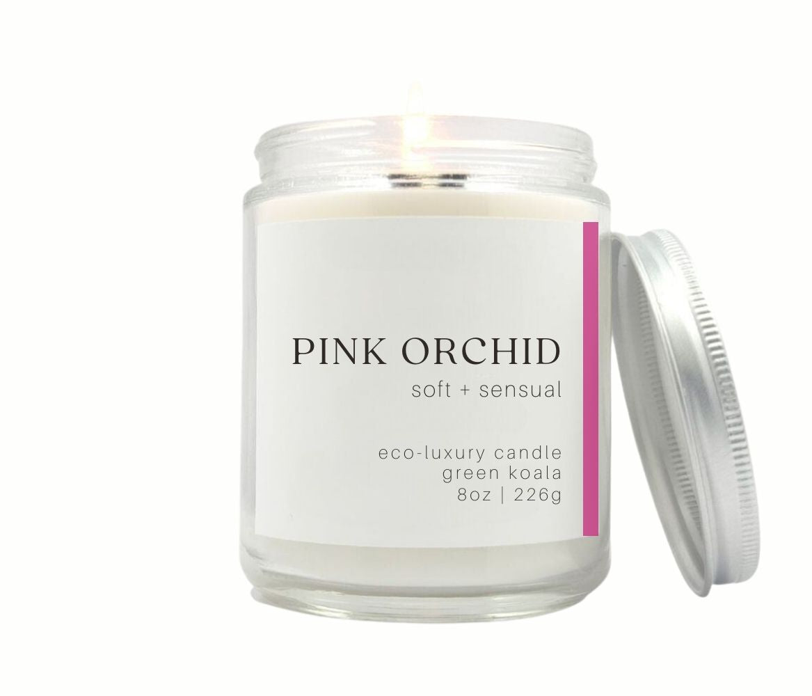 8oz Green Koala Organic Pink Orchid Zero Waste Eco-Luxury Drinking Glass Candle With Metal Lid. Non-toxic and clean burning.