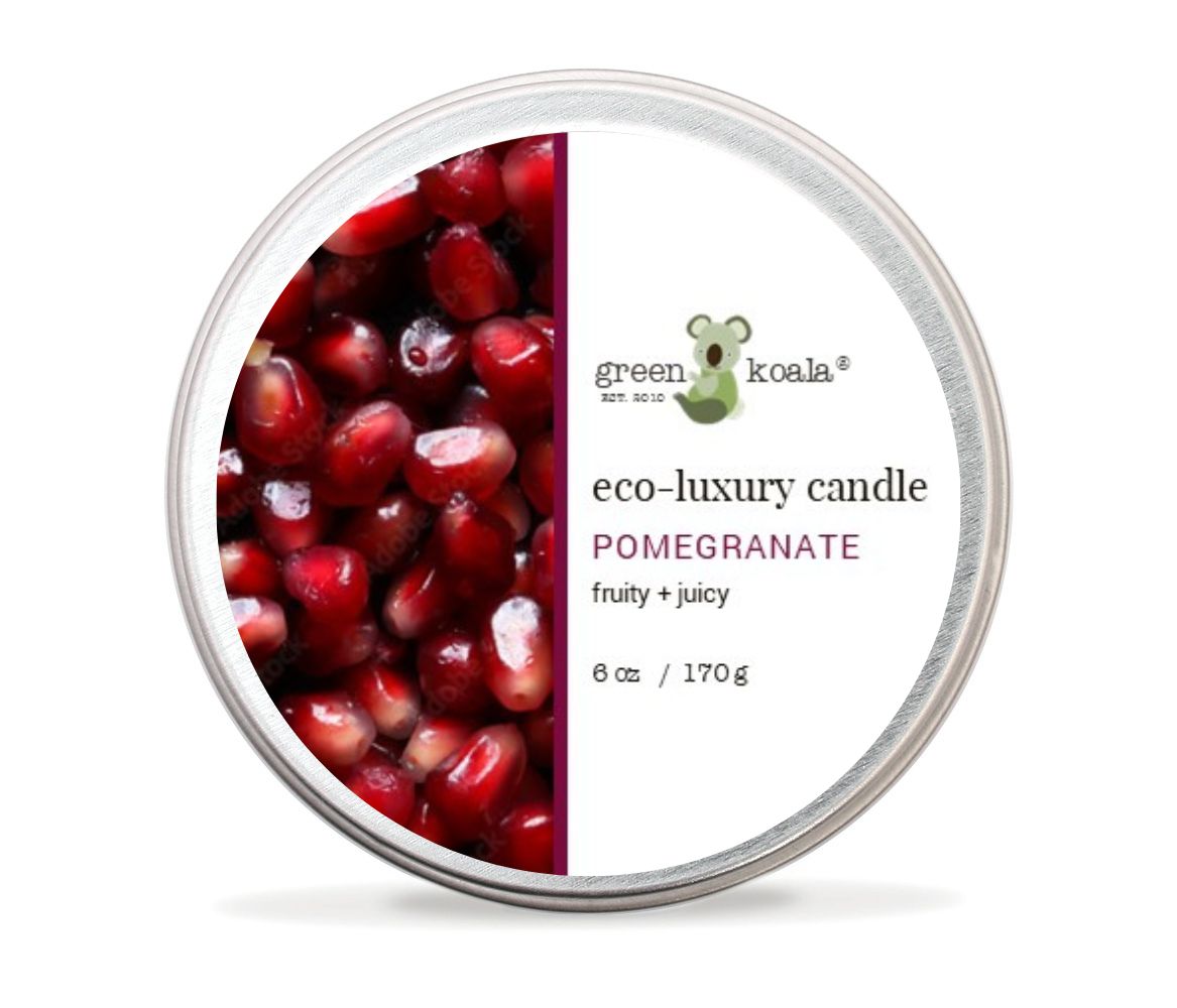 6oz Green Koala Pomegranate non-toxic candle in a tin.