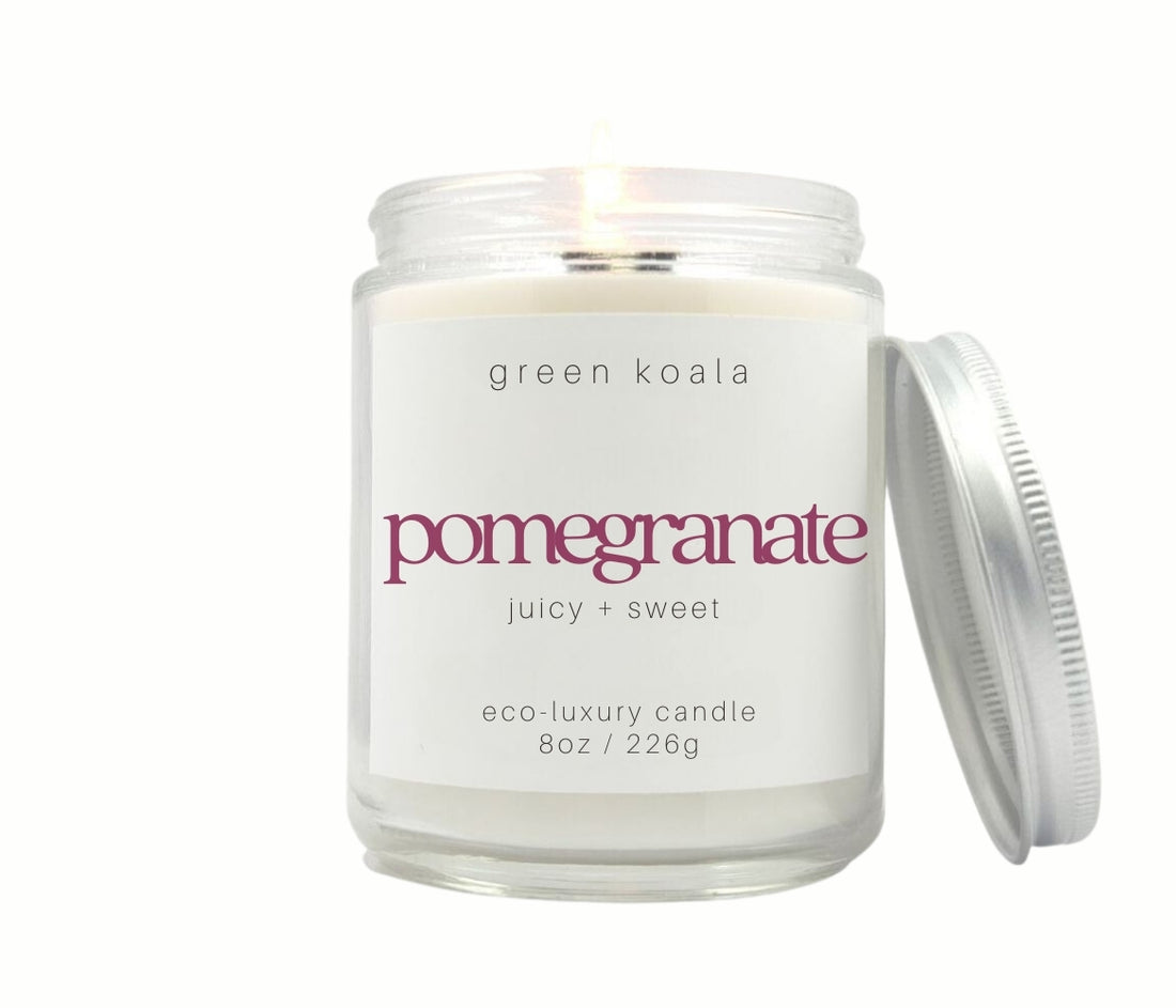 8oz Pomegranate scented eco-friendly candle with silver lid. Non-toxic and cleaning burning.
