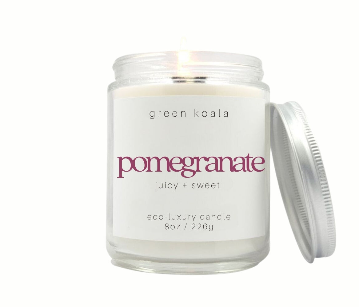 8oz Pomegranate scented eco-friendly candle with silver lid. Non-toxic and cleaning burning.