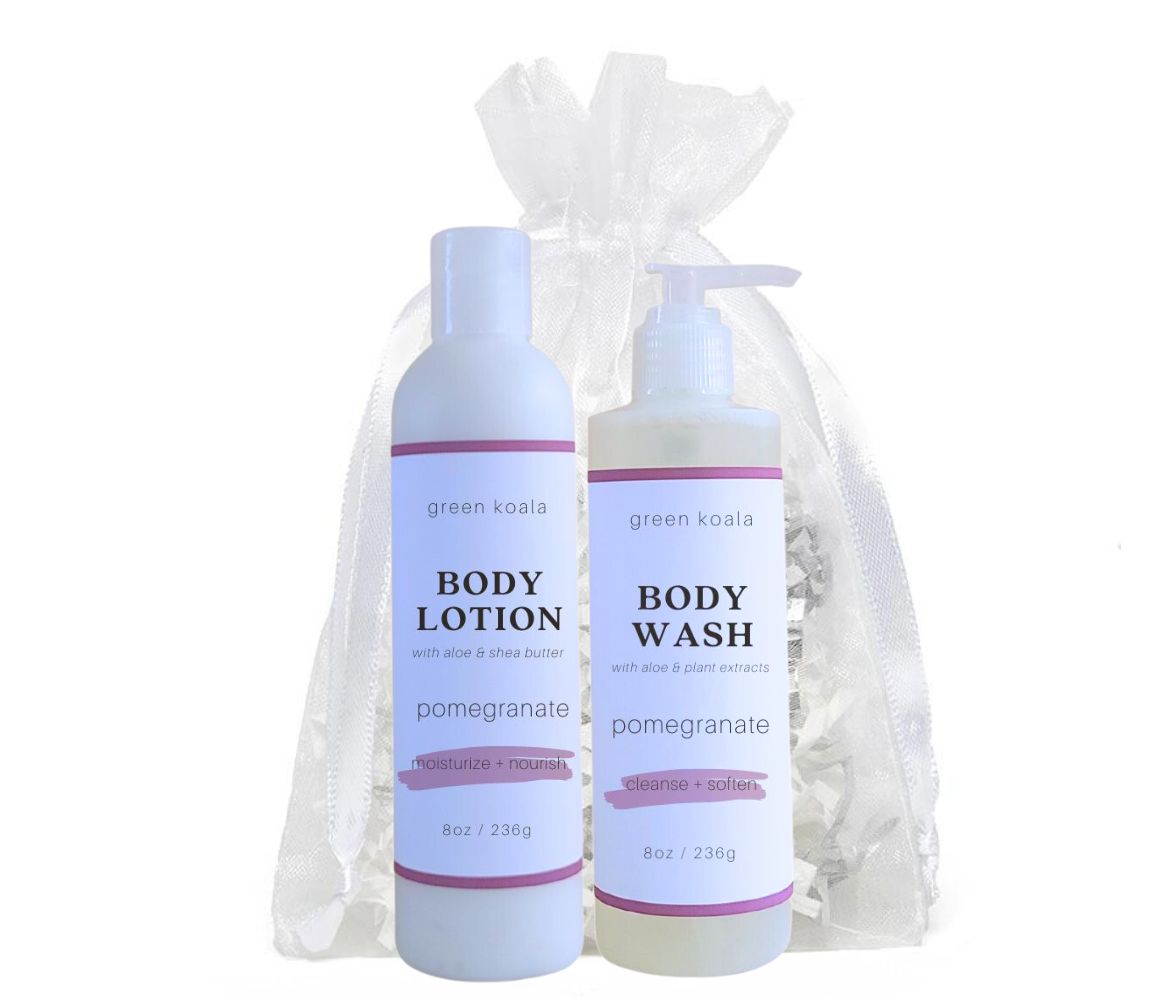 Green Koala Organic Pomegranate Lotion and Body Wash in an organza bag