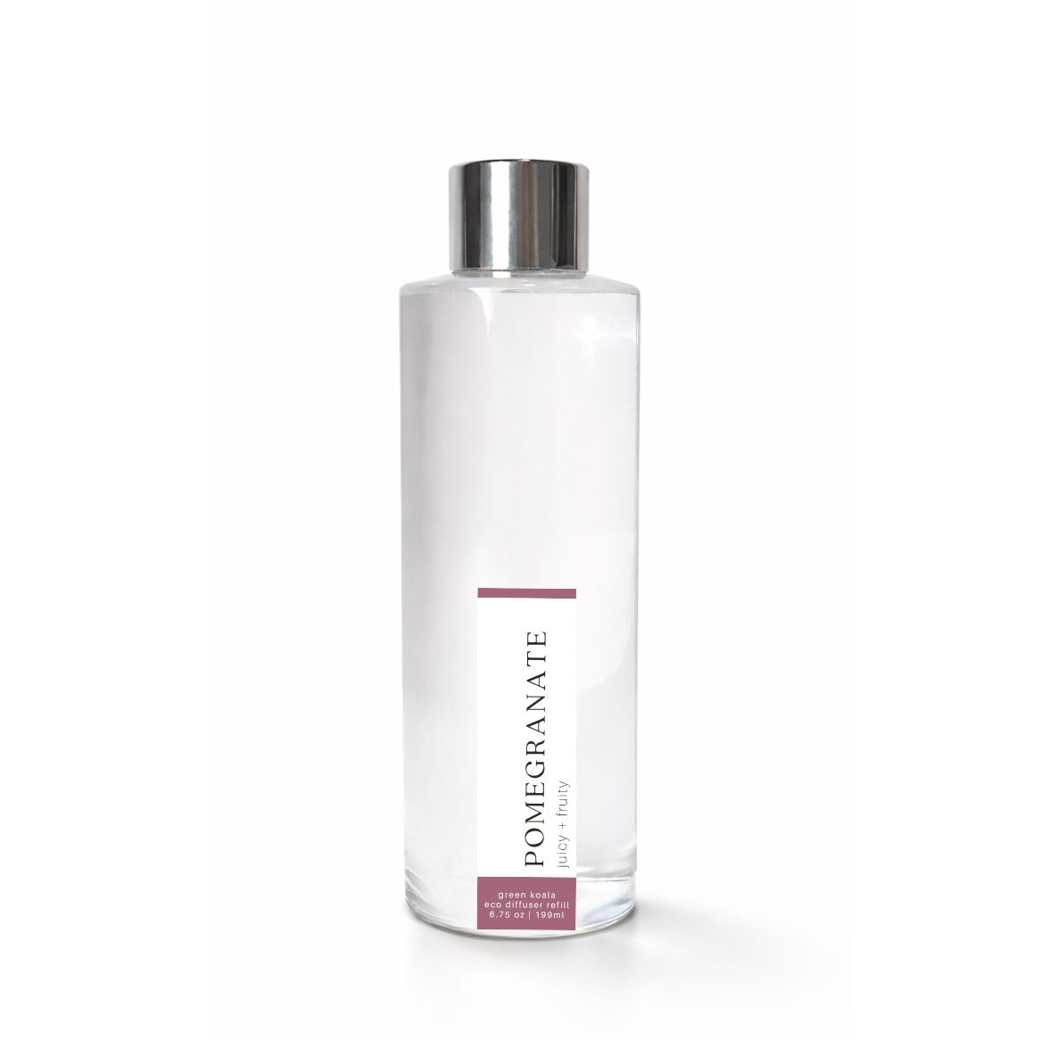 Clear bottle with silver cap labeled Pomegranate on a white background