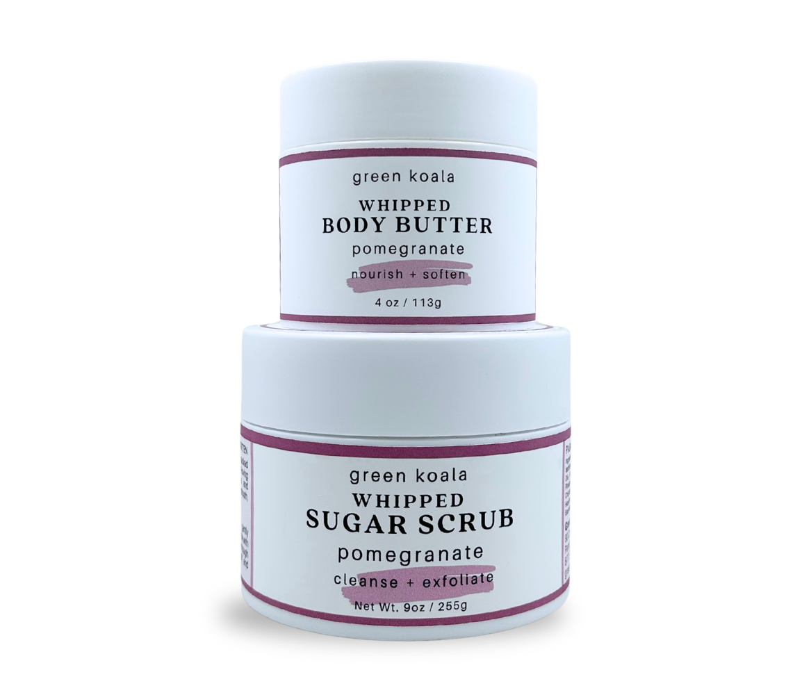 Nourishing Gift Set Green Koala Pomegranate whipped body butter and sugar scrub on a white background