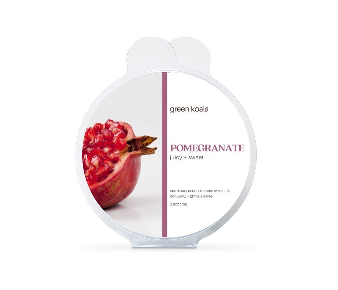 Green Koala Pomegranate Non-Toxic Wax Melt made with eco-friendly coconut wax, offering a refreshing, fruity scent for your space.