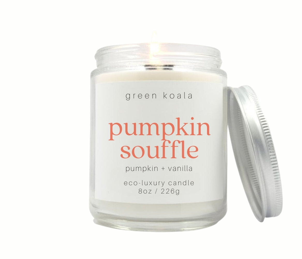 8oz Pumpkin Souffle scented eco-friendly candle with silver lid. Non-toxic and cleaning burning.