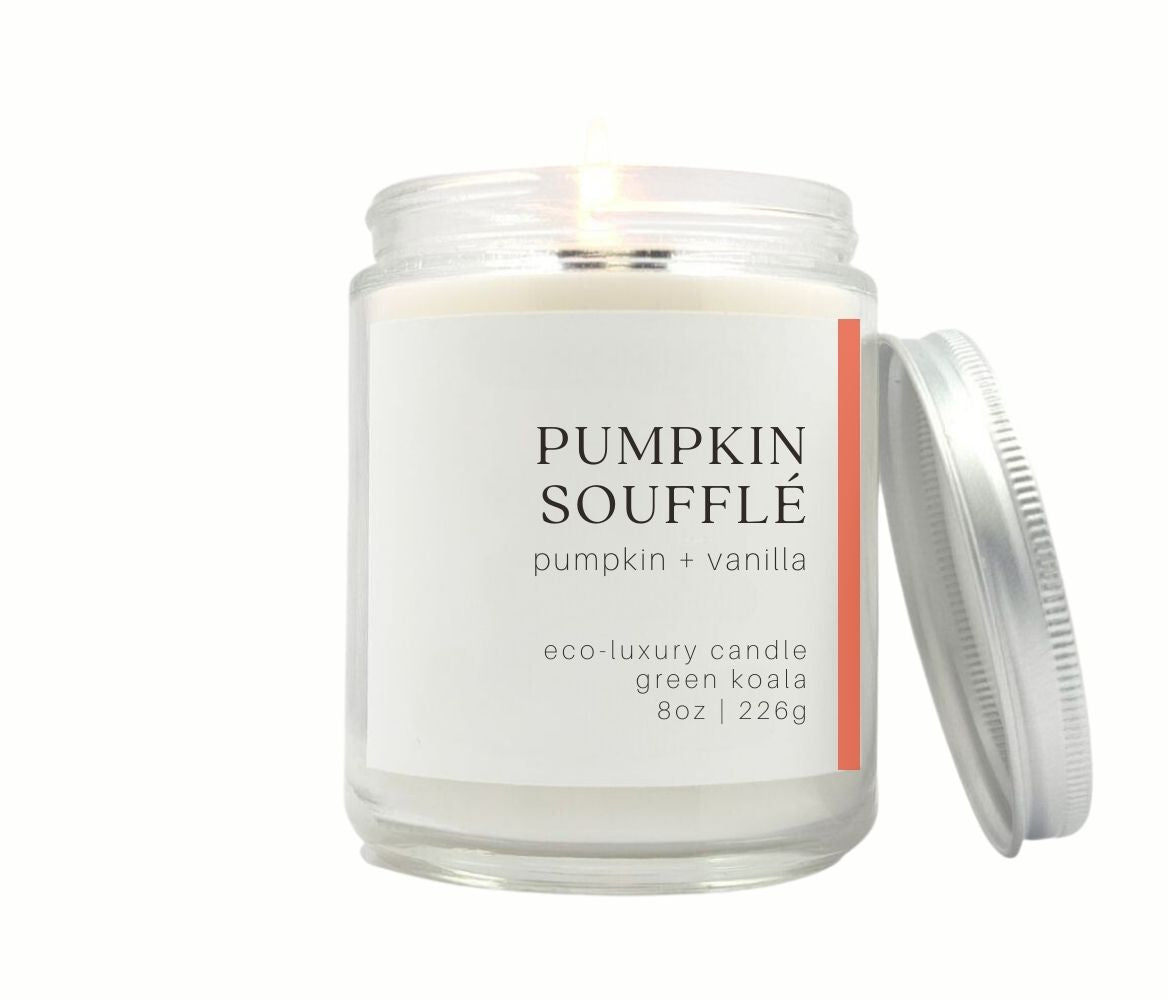 8oz Pumpkin Souffle Candle made with coconut wax. in a glass jar with silver lid. Non-toxic and clean burning.