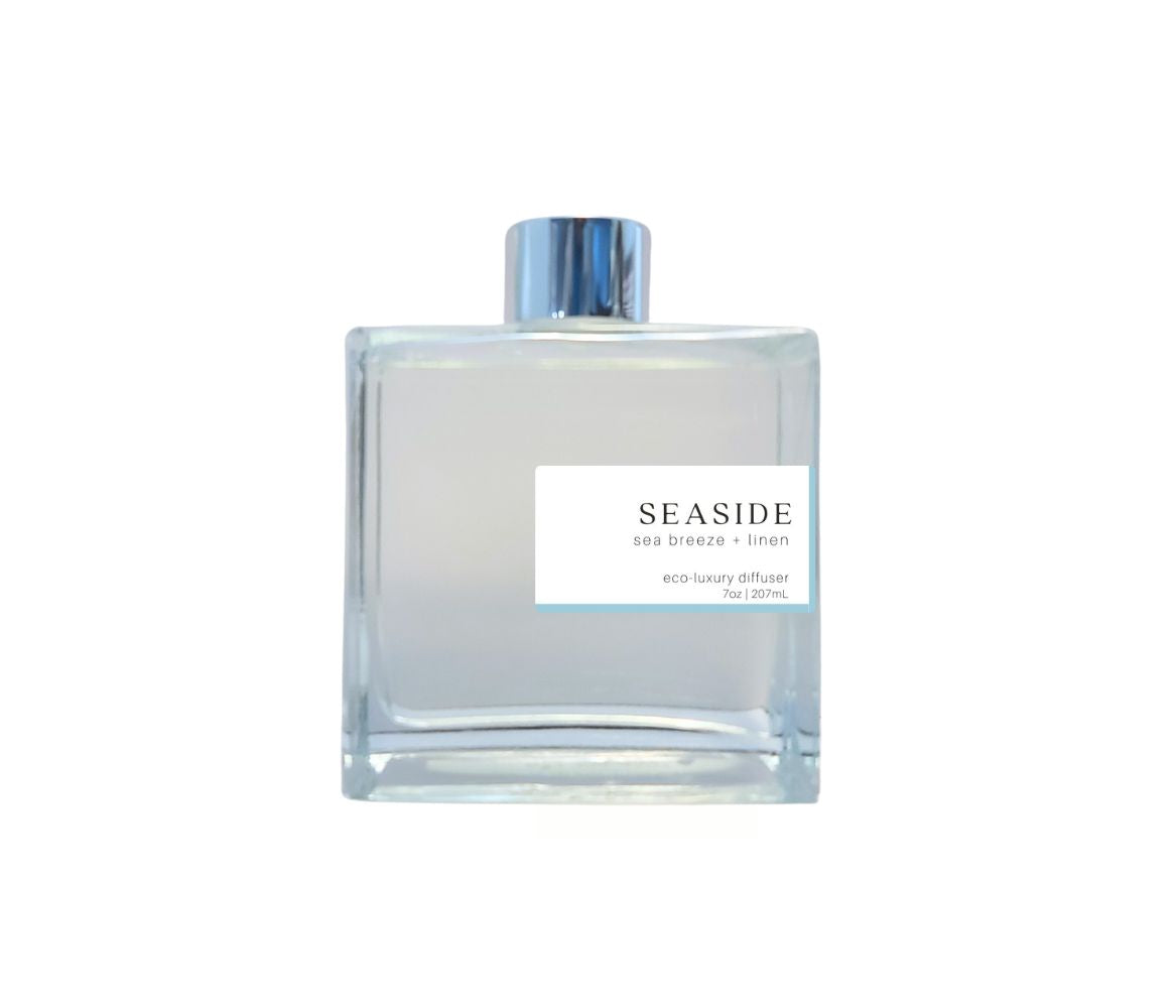 Seaside 7oz non-toxic scented reed diffuser in glass jar.