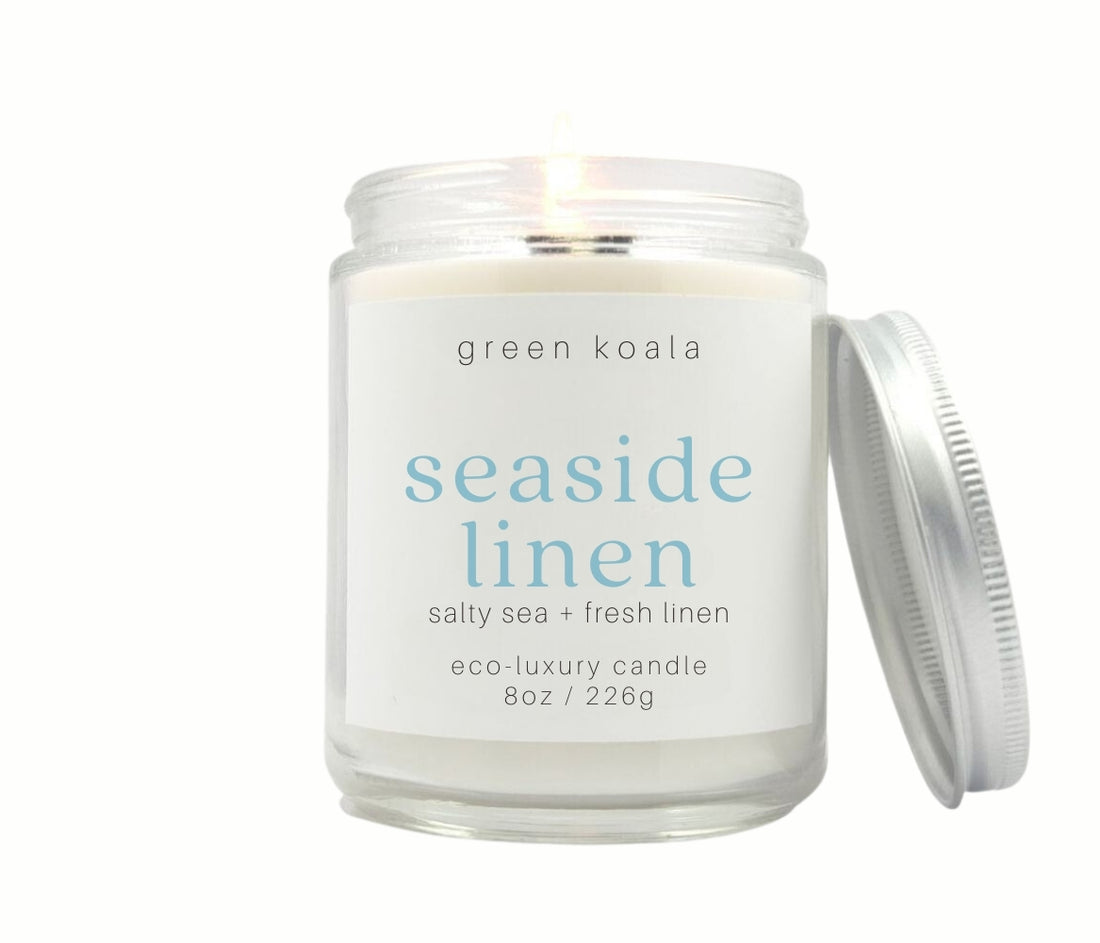 8oz Seaside Linen scented eco-friendly candle in a glass Jar with silver lid for a clean burn.