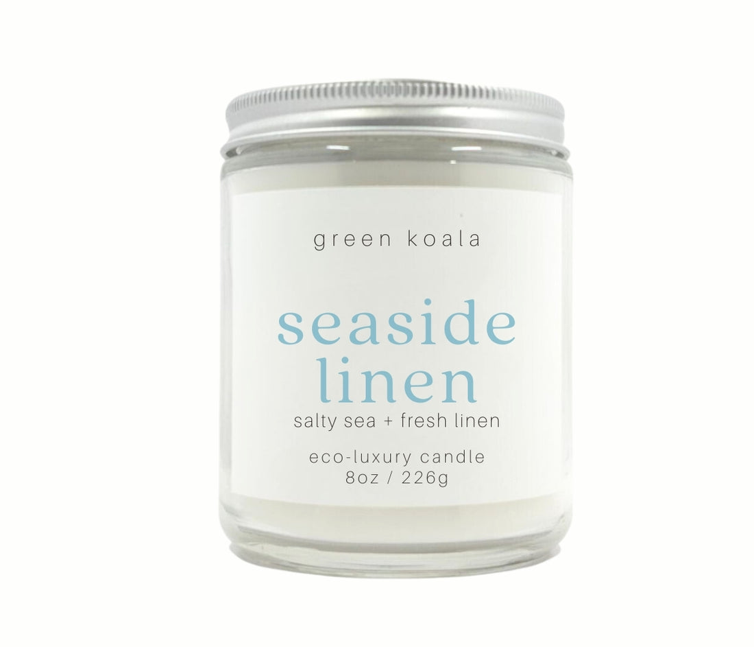 8oz Seaside Linen scented eco-friendly candle in a glass Jar with silver lid for a clean burn.