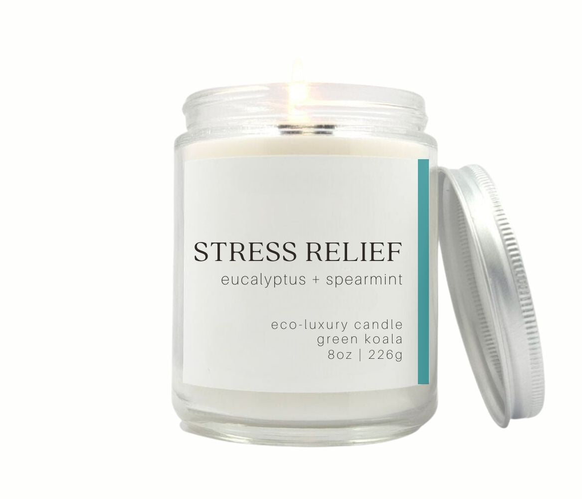 8oz Green Koala zero-waste stress relief candle made with coconut creme wax. Non-toxic and clean burning.