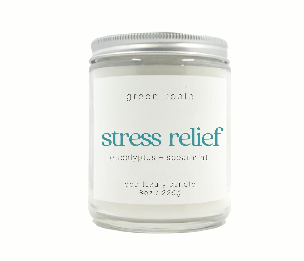 8oz Stress Relief scented eco-friendly candle with silver lid for a clean burn.
