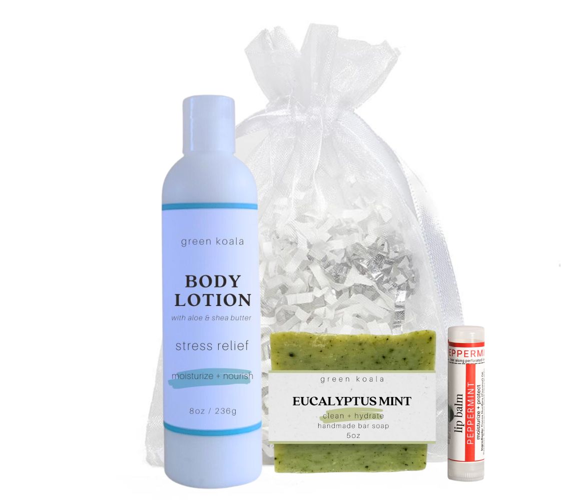 Green Koala Organic Stress Relief Essentials Gift Set with bar soap, lotion and lip balm