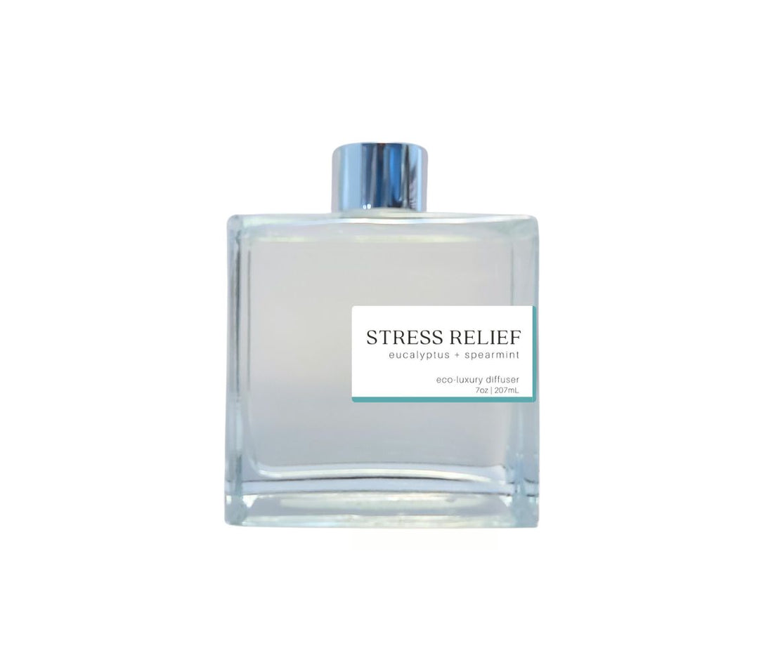 Green Koala’s Stress Relief reed diffuser in a sleek glass bottle with silver cap, perfect for reducing stress with a tranquil scent.