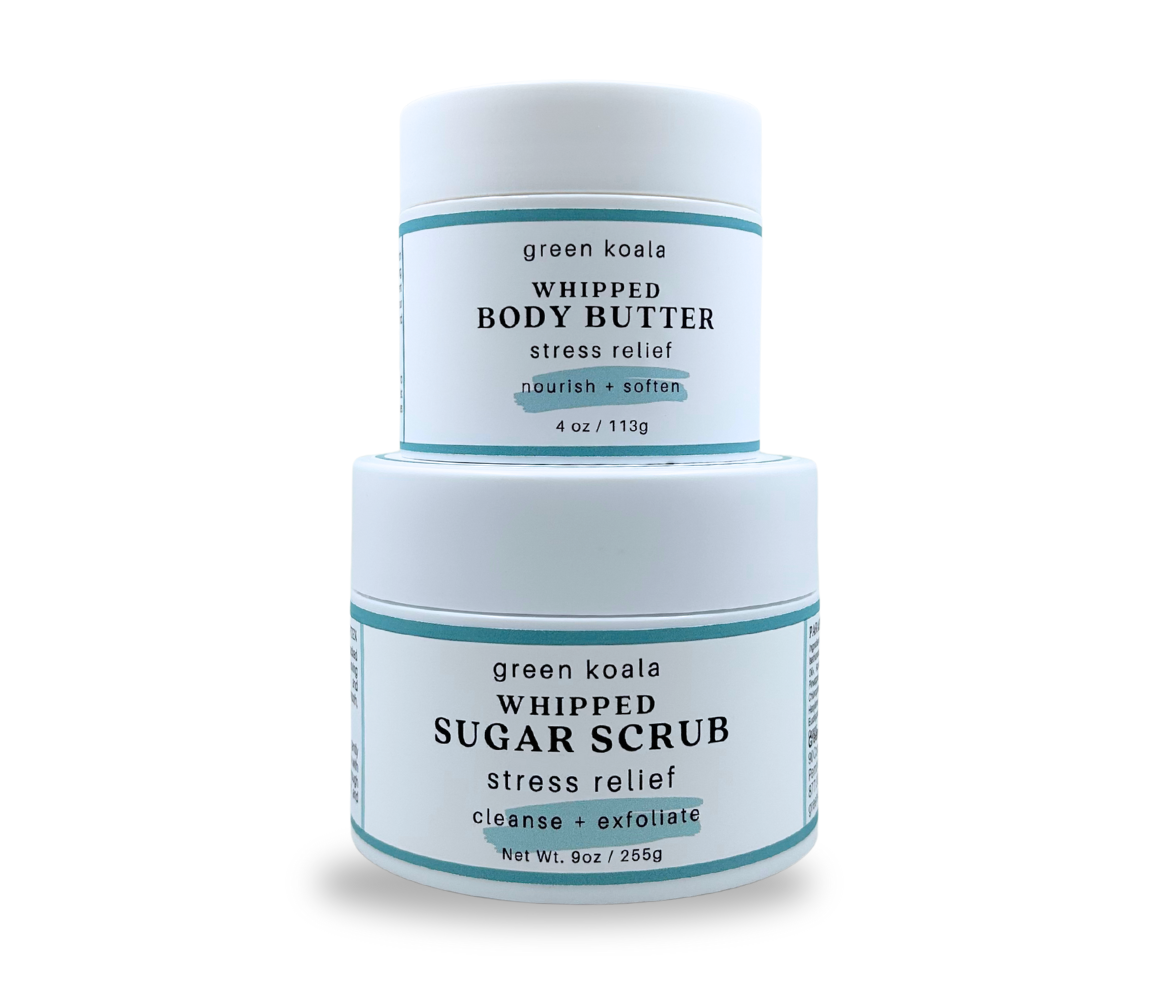 Gift Set of Green Koala stress relief whipped body butter and sugar scrub on a white background