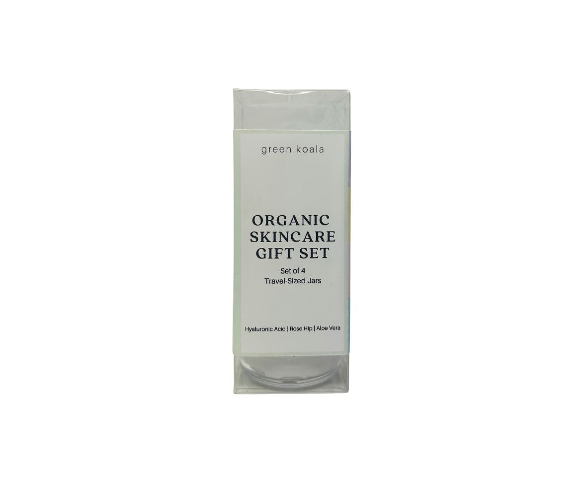 Green Koala Organic Travel Size Face Care Set, featuring .33oz jars of natural skincare products perfect for on-the-go hydration and nourishment.