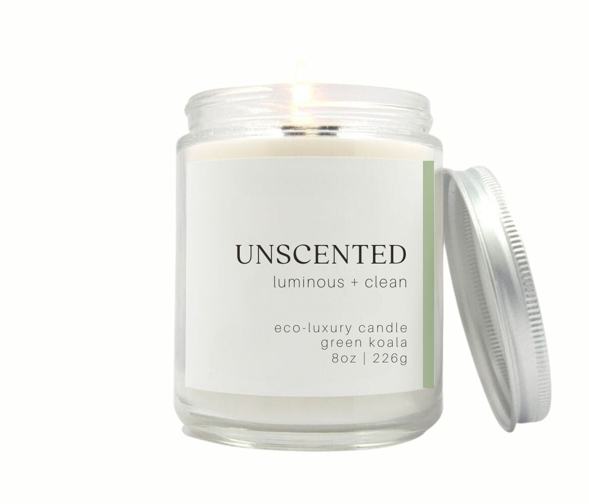 8oz Green Koala zero-waste unscented candle in a glass jar. Non-toxic and cleaning burning.