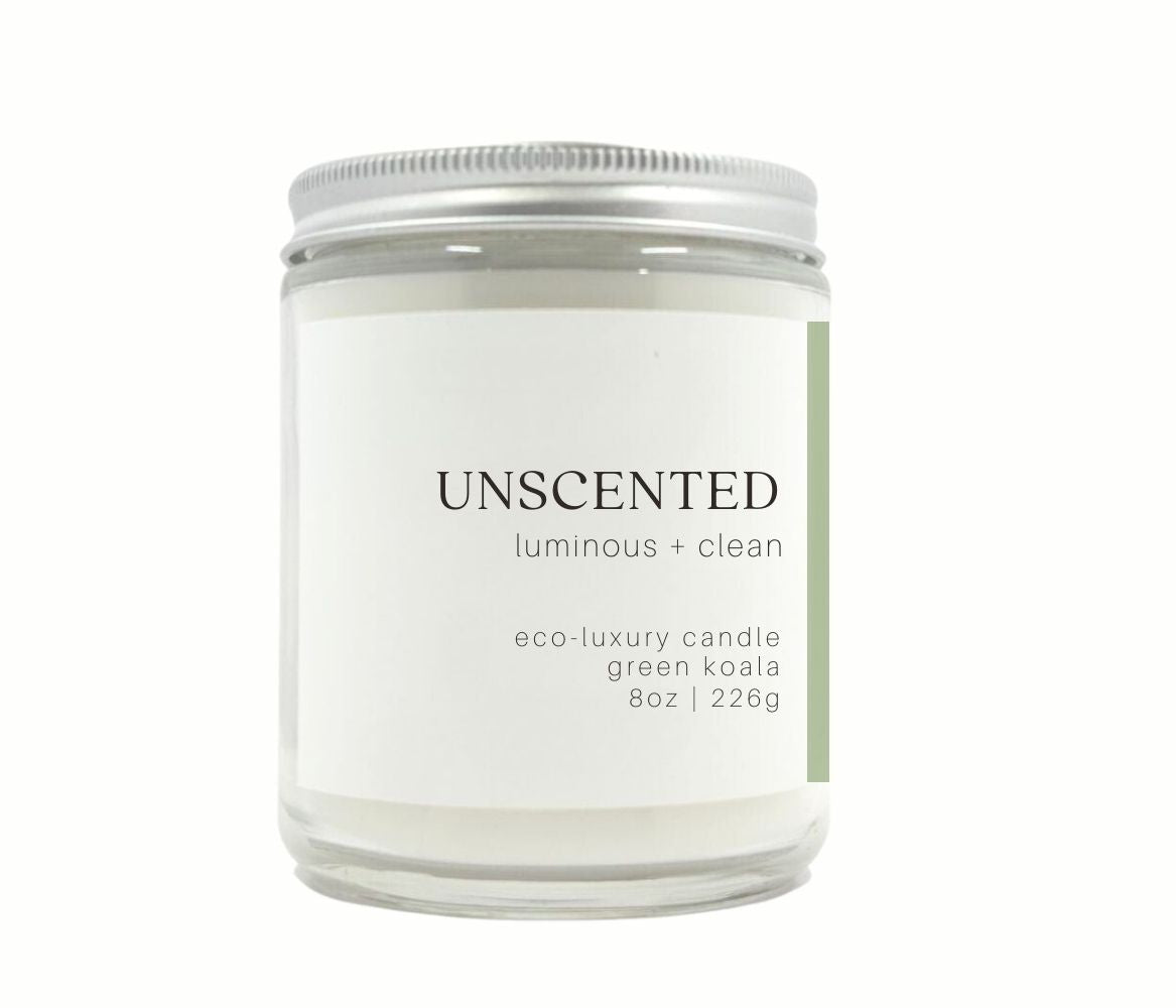 8oz Green Koala zero-waste unscented candle in a glass jar with silver lid