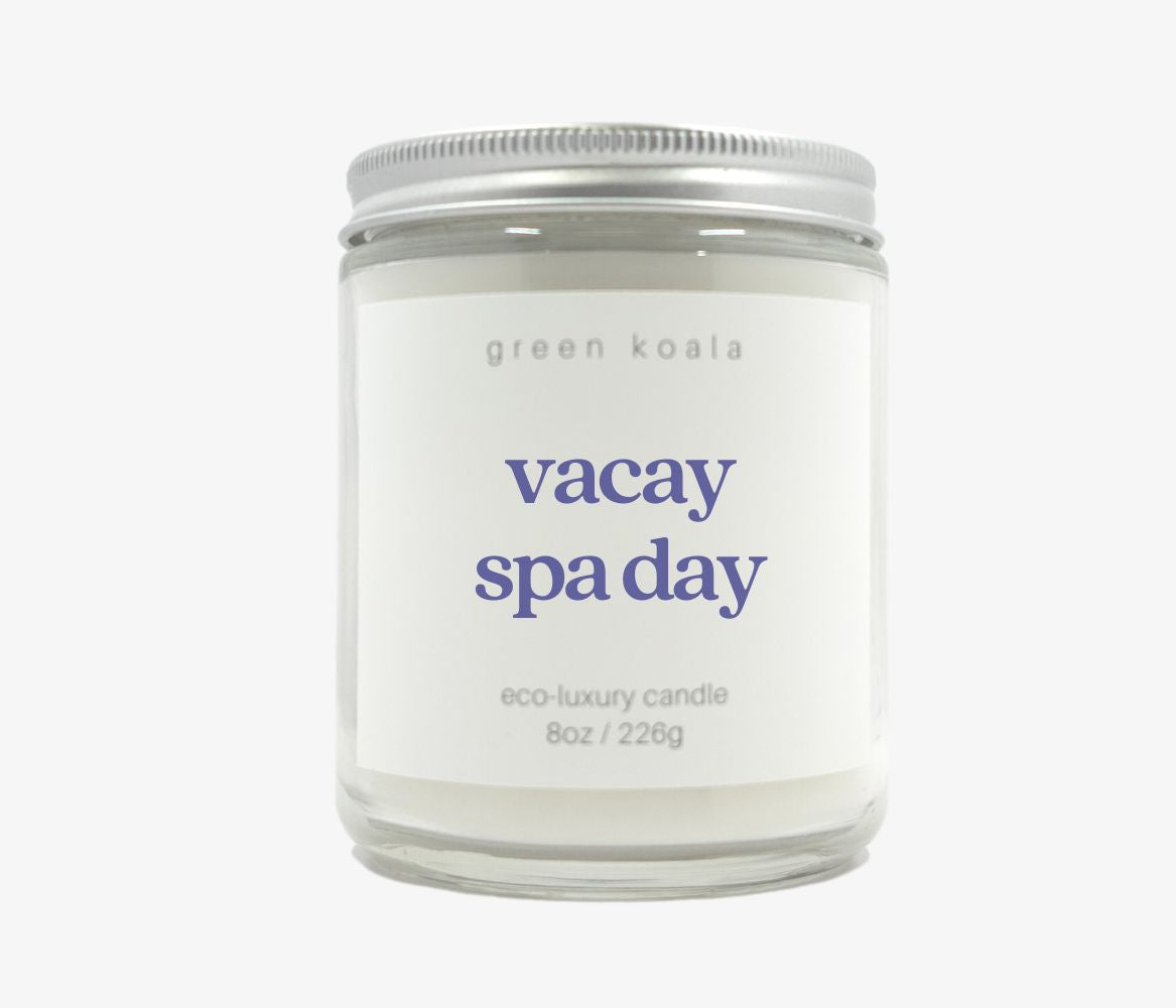 Vacay Spa Day 8oz coconut wax candle scented with eucalyptus and spearmint.