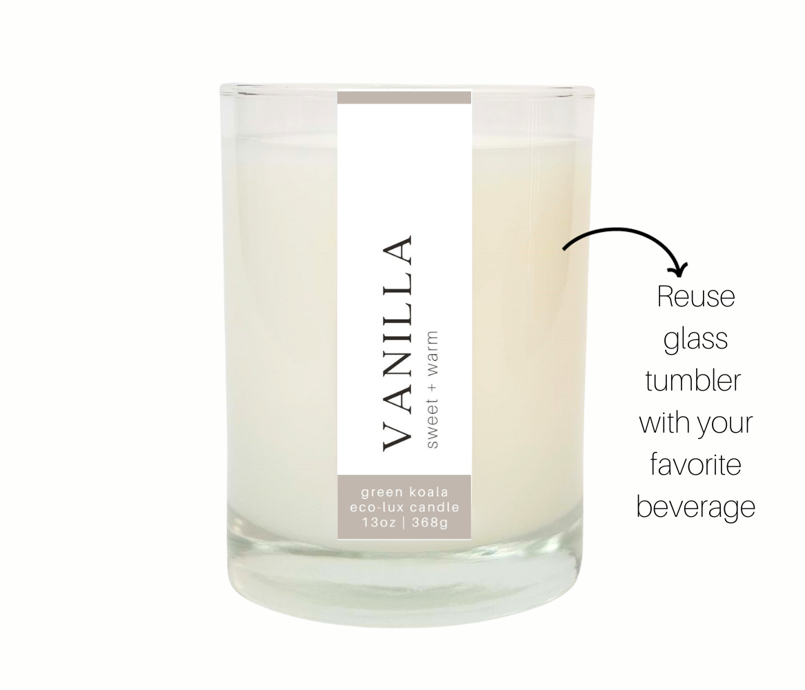 13oz Green Koala Organic Vanilla Bean Zero-Waste Drinking Glass Candle