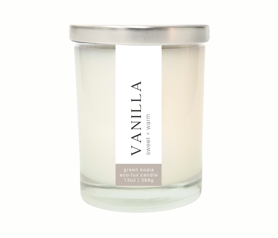 13oz Green Koala Organic Vanilla Zero-Waste Drinking Glass Candle With Lid