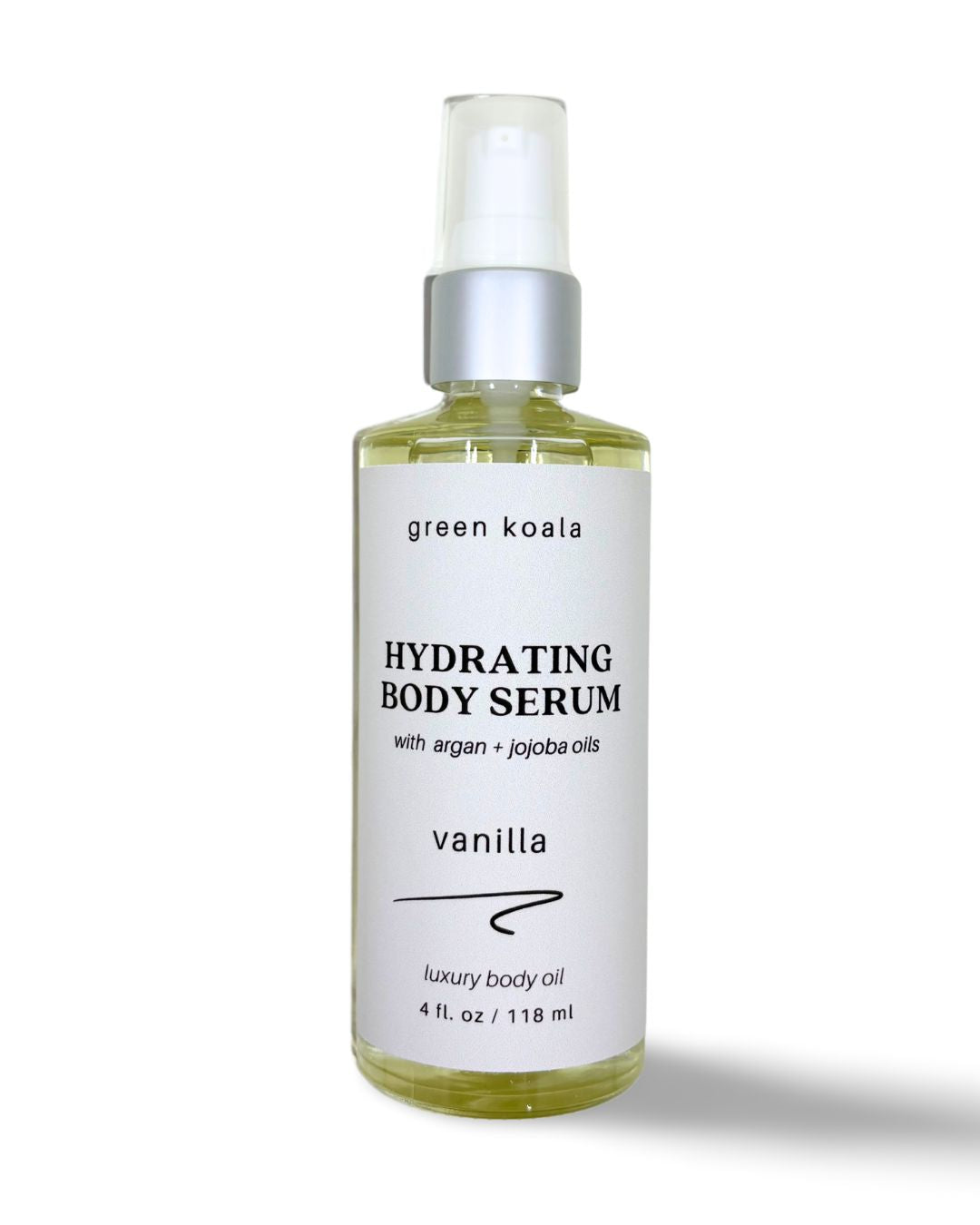 4oz Vanilla body serum in a glass pump bottle. Contains organic argon and jojoba oils.